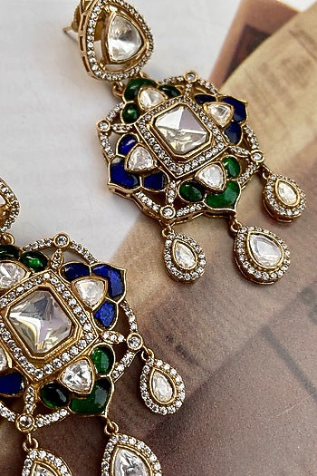 Gold Finish Kundan Polki & Blue Stone Dangler Earrings