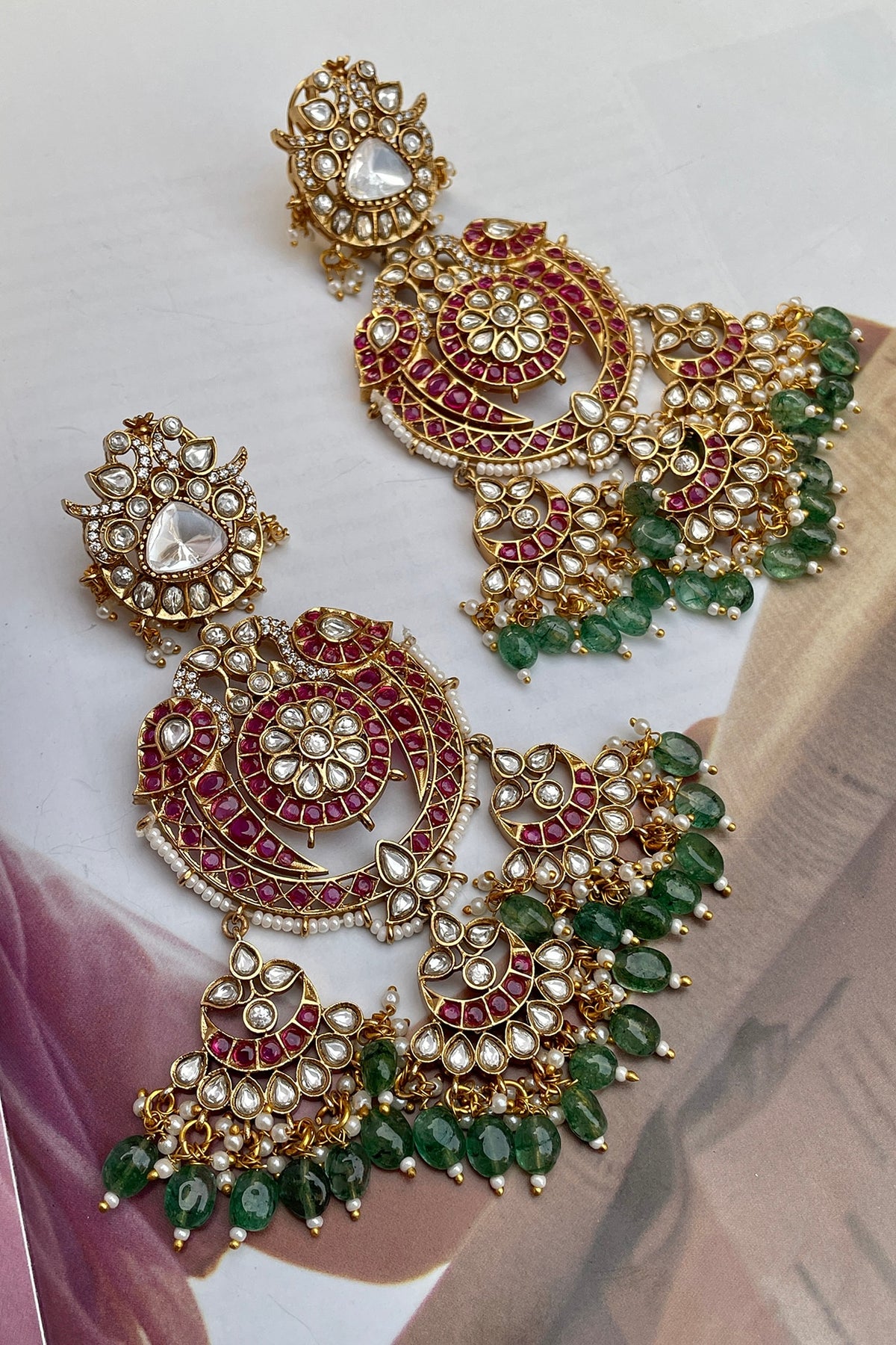 Gold Finish Multi-Colored Kundan Polki Chandbali Earrings