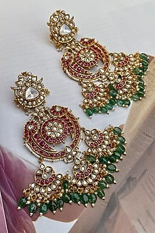Gold Finish Multi-Colored Kundan Polki Chandbali Earrings