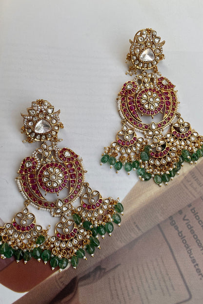 Gold Finish Multi-Colored Kundan Polki Chandbali Earrings