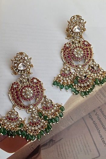 Gold Finish Multi-Colored Kundan Polki Chandbali Earrings