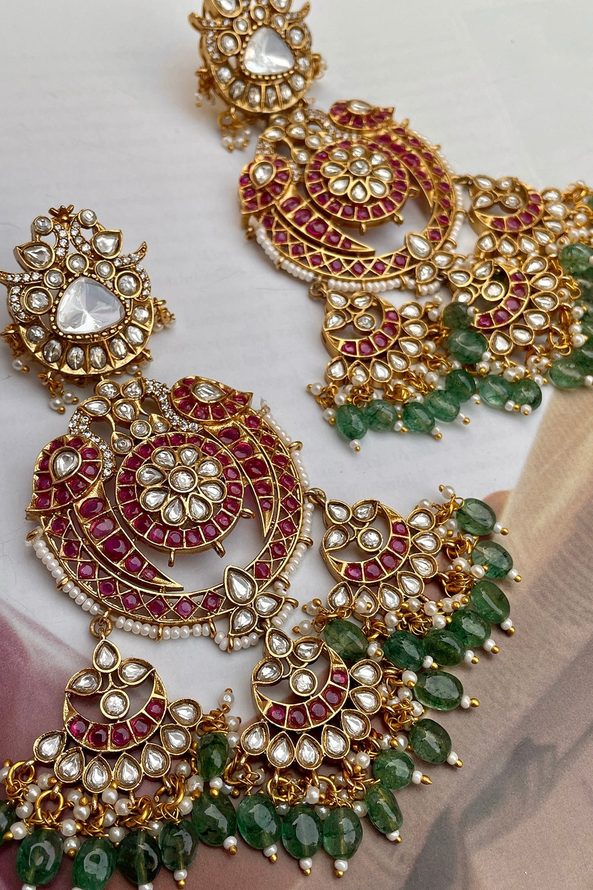 Gold Finish Multi-Colored Kundan Polki Chandbali Earrings