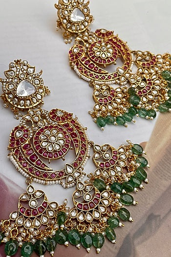 Gold Finish Multi-Colored Kundan Polki Chandbali Earrings