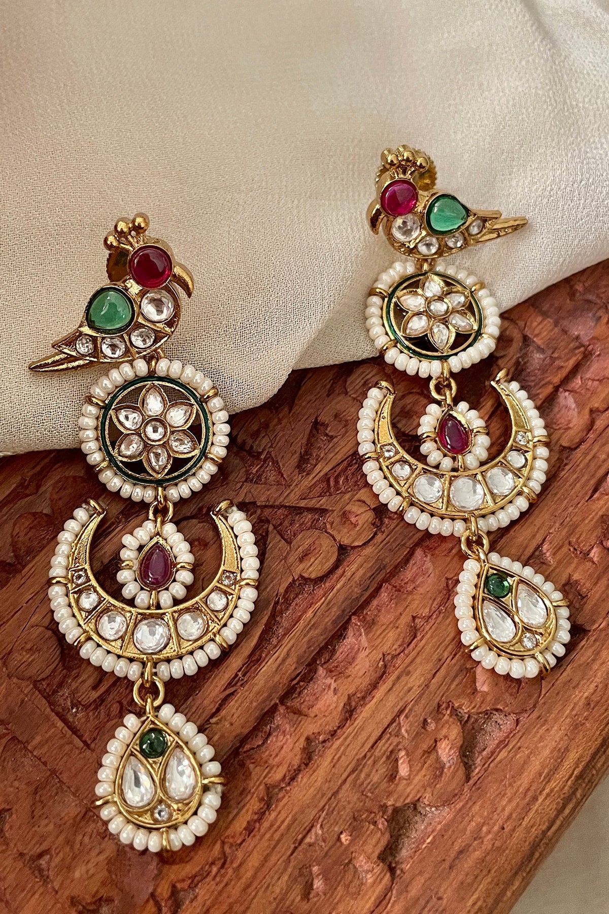 Gold Finish Bird Motif & Moissanite Polki Dangler Earrings