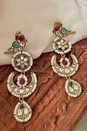 Gold Finish Bird Motif & Moissanite Polki Dangler Earrings