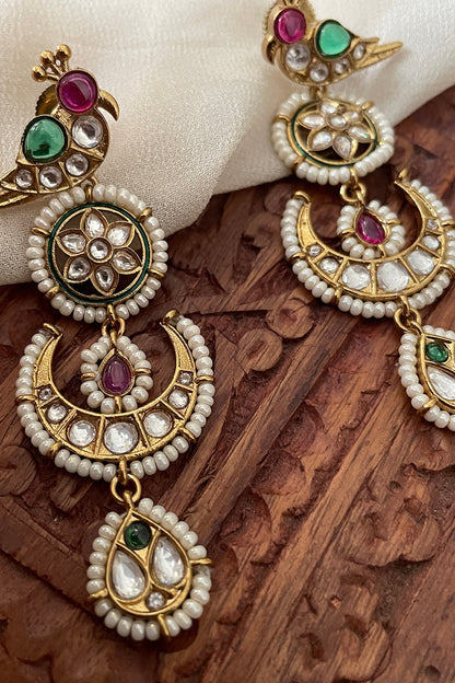 Gold Finish Bird Motif & Moissanite Polki Dangler Earrings