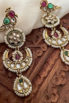 Gold Finish Bird Motif & Moissanite Polki Dangler Earrings