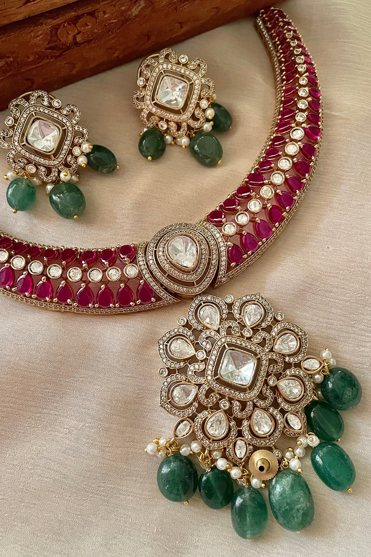 Gold Finish Red Kundan Polki Choker Necklace Set
