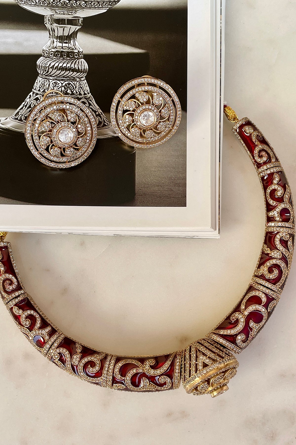 Gold Finish Kundan Polki Red Meenakari Choker Necklace Set