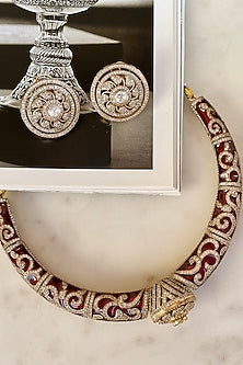 Gold Finish Kundan Polki Red Meenakari Choker Necklace Set