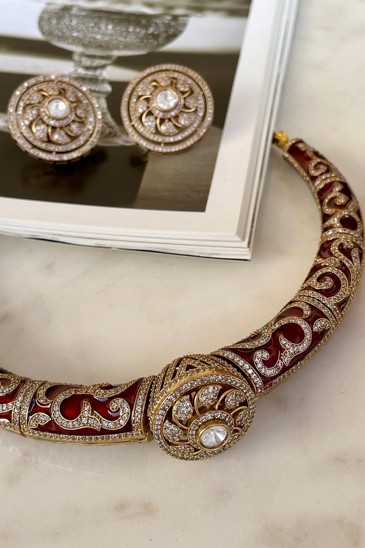 Gold Finish Kundan Polki Red Meenakari Choker Necklace Set