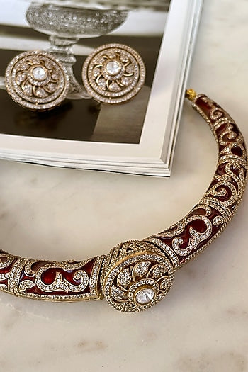 Gold Finish Kundan Polki Red Meenakari Choker Necklace Set