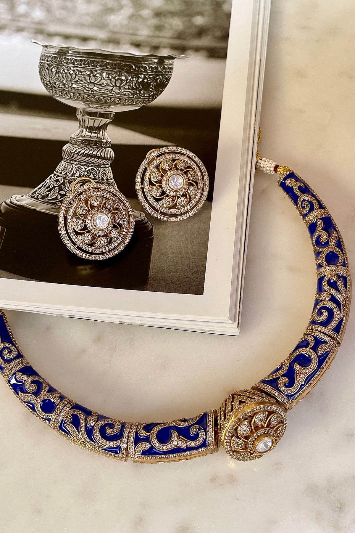 Gold Finish Kundan Polki Blue Meenakari Choker Necklace Set