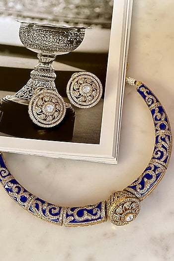 Gold Finish Kundan Polki Blue Meenakari Choker Necklace Set
