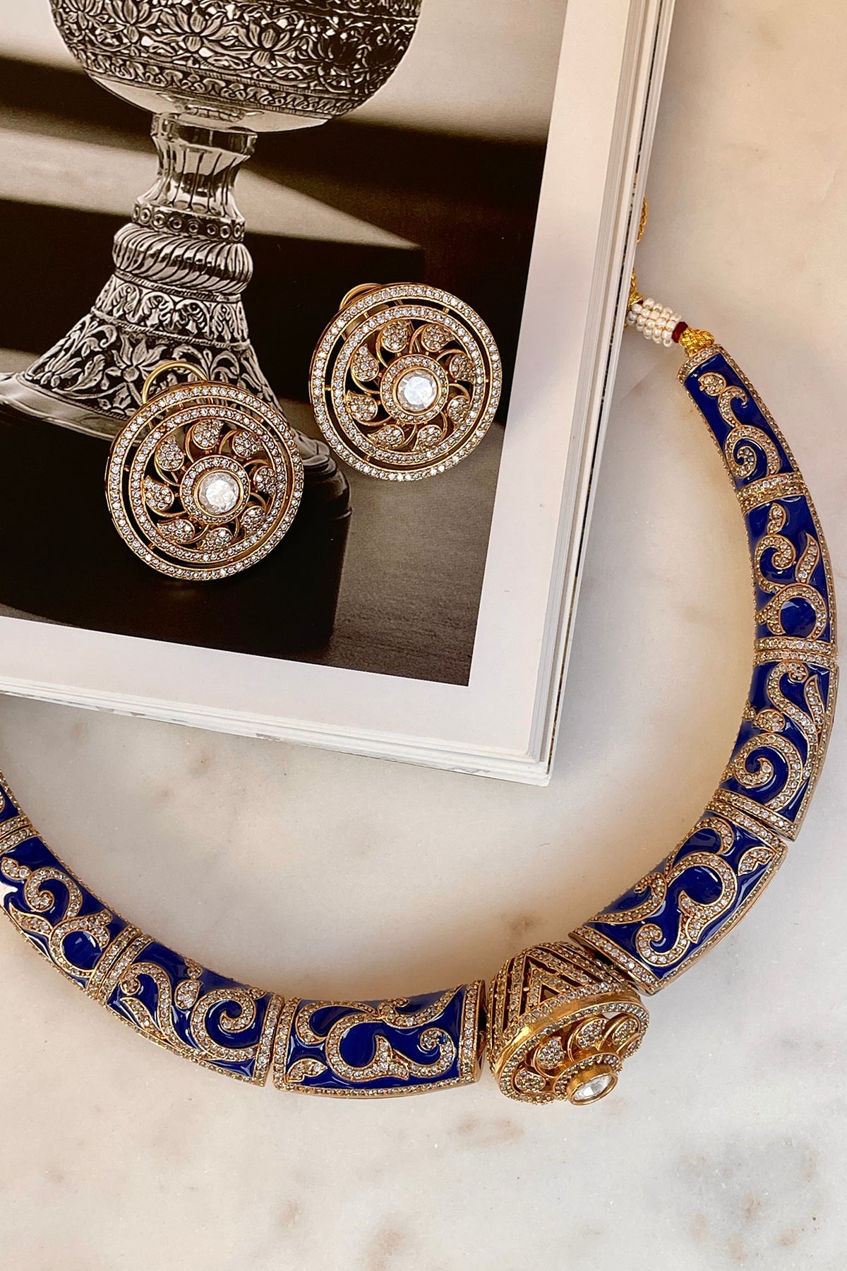 Gold Finish Kundan Polki Blue Meenakari Choker Necklace Set