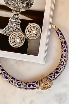 Gold Finish Kundan Polki Blue Meenakari Choker Necklace Set