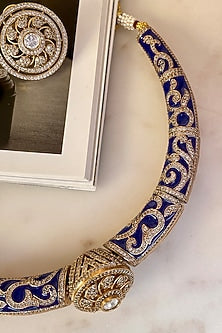 Gold Finish Kundan Polki Blue Meenakari Choker Necklace Set