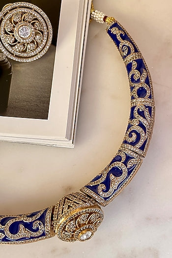 Gold Finish Kundan Polki Blue Meenakari Choker Necklace Set