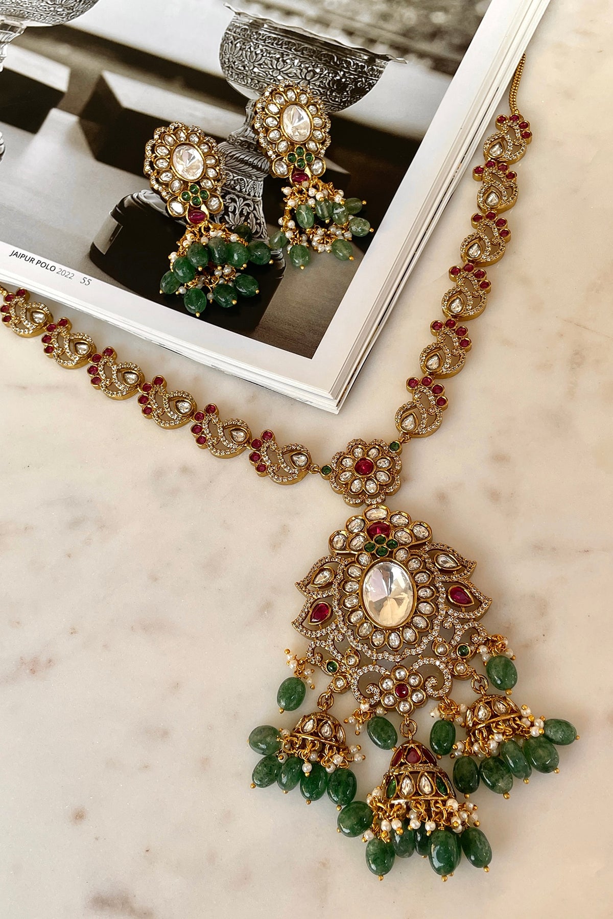 Gold Finish Moissanite Polki & Zircon Long Necklace Set