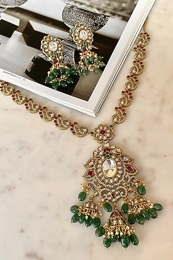 Gold Finish Moissanite Polki & Zircon Long Necklace Set