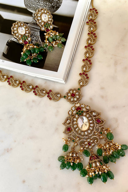 Gold Finish Moissanite Polki & Zircon Long Necklace Set