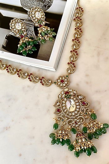 Gold Finish Moissanite Polki & Zircon Long Necklace Set