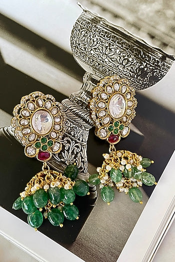 Gold Finish Moissanite Polki & Zircon Long Necklace Set