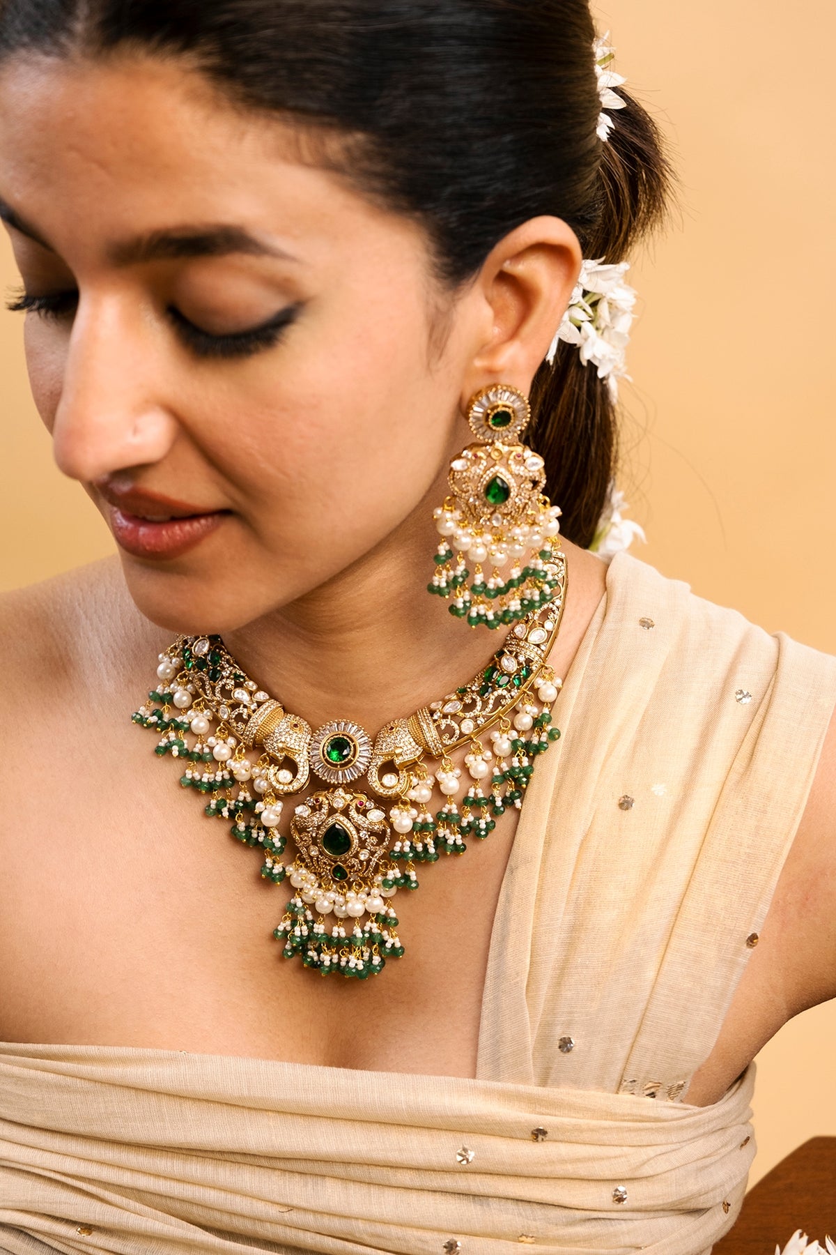 Gold Finish Kundan Polki & Emerald Stone Choker Necklace Set