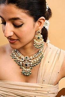 Gold Finish Kundan Polki & Emerald Stone Choker Necklace Set