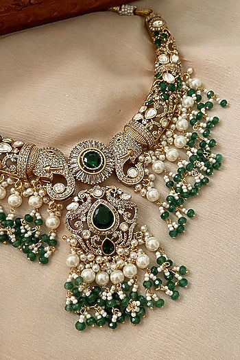 Gold Finish Kundan Polki & Emerald Stone Choker Necklace Set