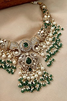 Gold Finish Kundan Polki & Emerald Stone Choker Necklace Set