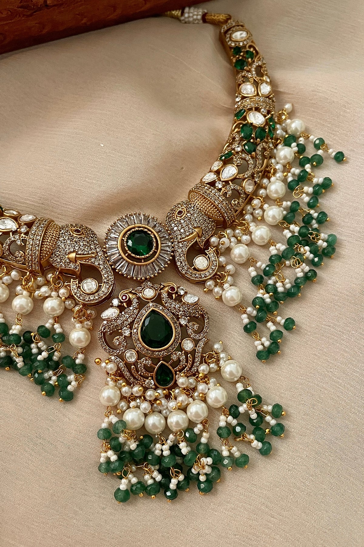Gold Finish Kundan Polki & Emerald Stone Choker Necklace Set