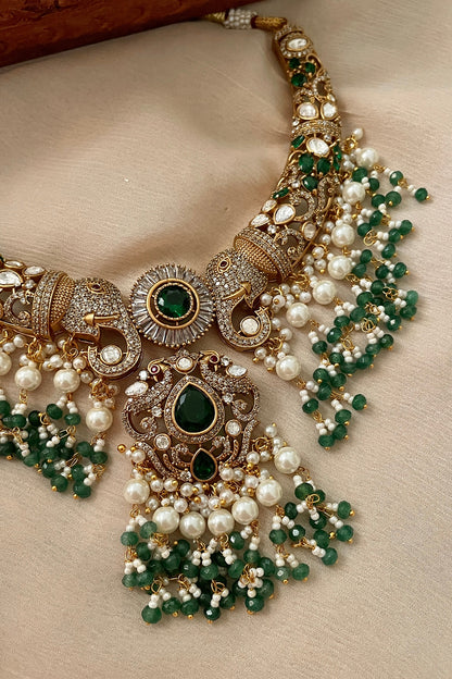 Gold Finish Kundan Polki & Emerald Stone Choker Necklace Set