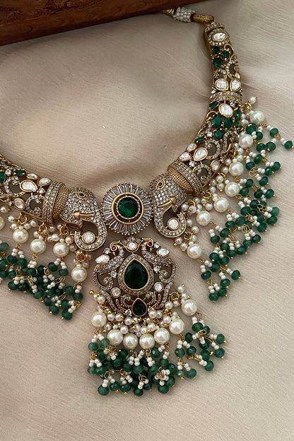 Gold Finish Kundan Polki & Emerald Stone Choker Necklace Set