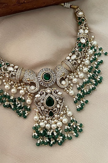 Gold Finish Kundan Polki & Emerald Stone Choker Necklace Set