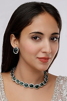 Two Tone Finish Synthetic Emerald Necklace Set