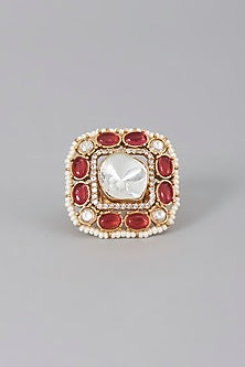 Gold Finish Kundan Polki & Red Stones Ring