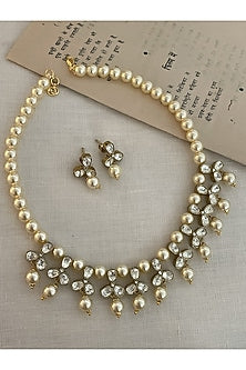 Black Rhodium Finish Kundan Polki & Pearl Necklace Set