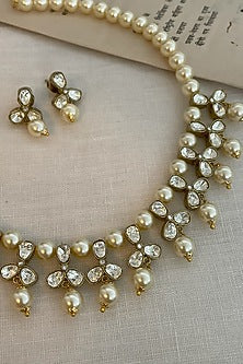 Black Rhodium Finish Kundan Polki & Pearl Necklace Set