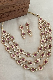 Gold Finish Kundan Polki & Ruby Layered Necklace Set