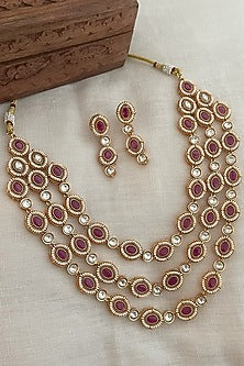 Gold Finish Kundan Polki & Ruby Layered Necklace Set