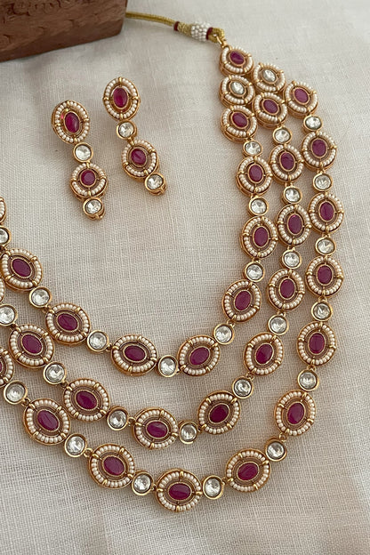 Gold Finish Kundan Polki & Ruby Layered Necklace Set