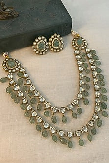 Black Rhodium Finish Kundan Polki & Emerald Layered Necklace Set
