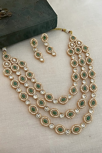 Gold Finish Kundan Polki & Emerald Layered Necklace Set