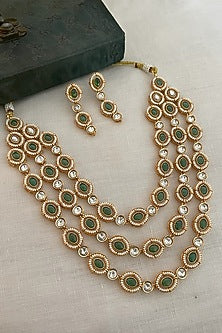 Gold Finish Kundan Polki & Emerald Layered Necklace Set
