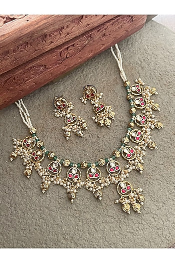 Gold Finish Kundan Polki & Ruby Necklace Set