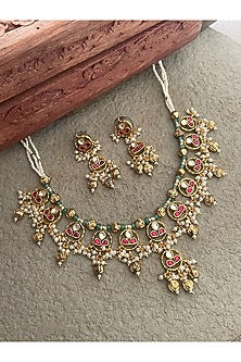 Gold Finish Kundan Polki & Ruby Necklace Set