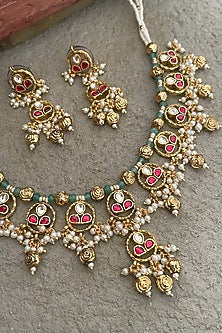 Gold Finish Kundan Polki & Ruby Necklace Set