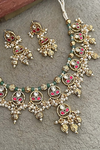 Gold Finish Kundan Polki & Ruby Necklace Set