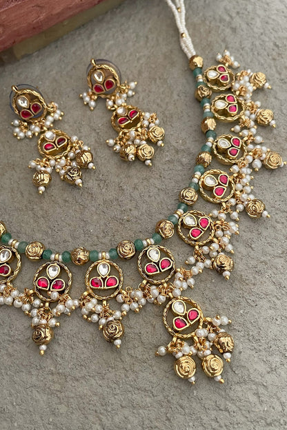 Gold Finish Kundan Polki & Ruby Necklace Set